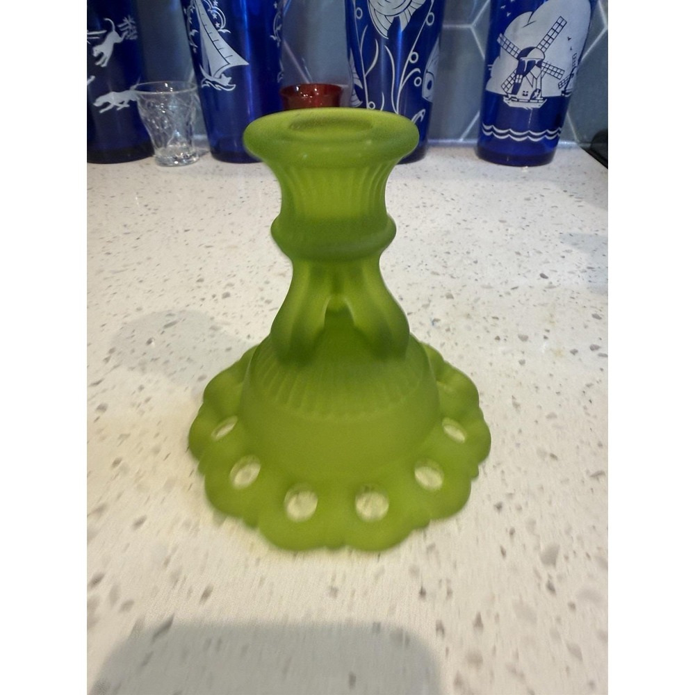 Westmoreland Green Doric Open Lace Edge Candle Stick Holder Mid Century Glass
